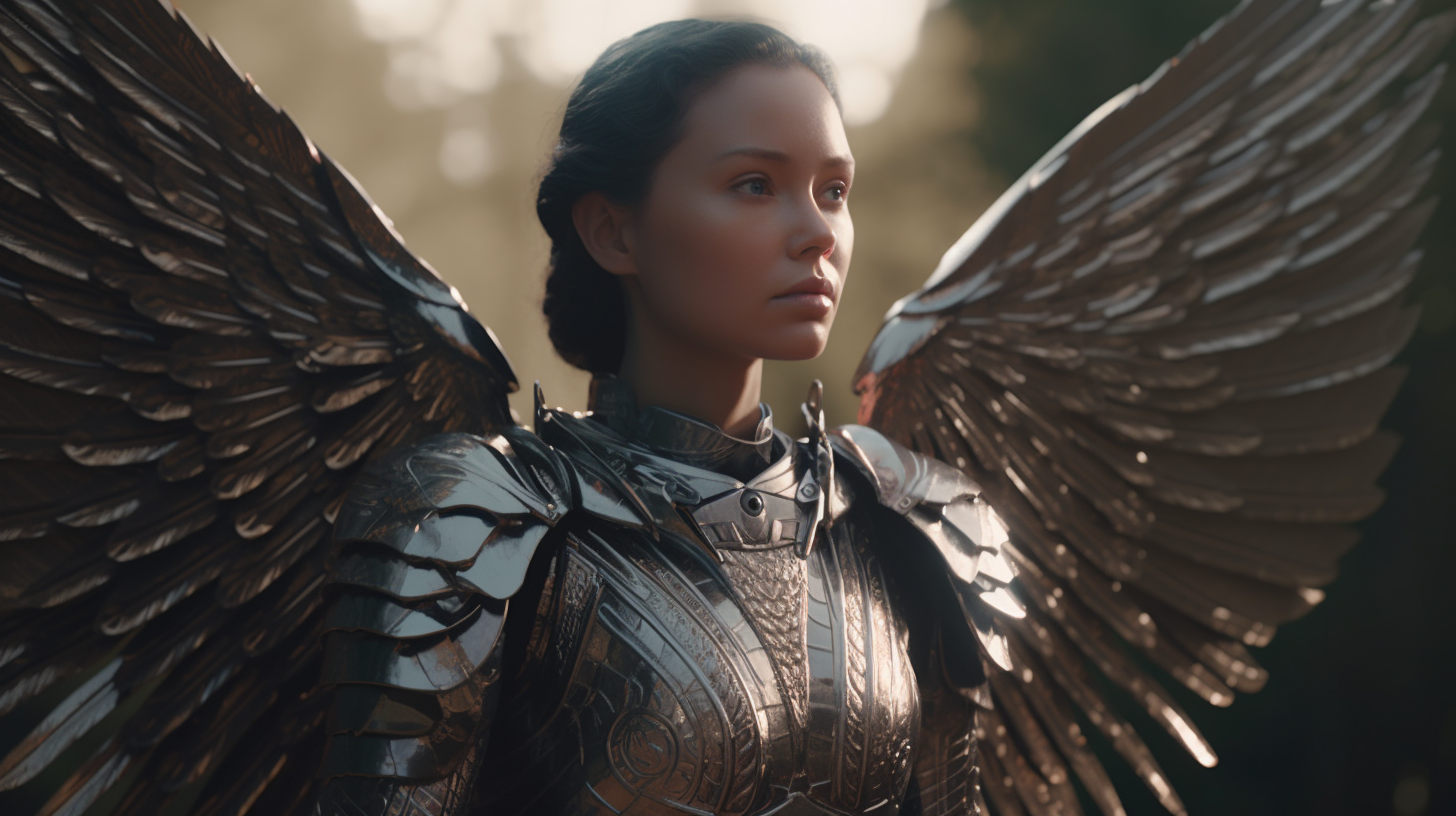 Beautiful female humanoid angel with armor and wings