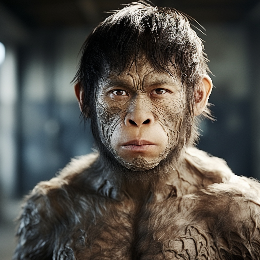 Unique humanoid ape with Korean haircut photo