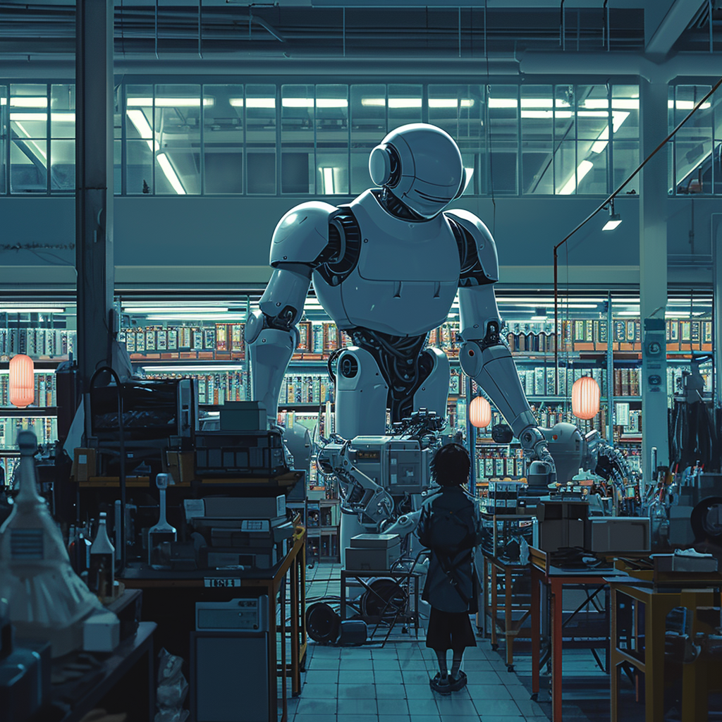 Humanoid Assembling Robot at Night