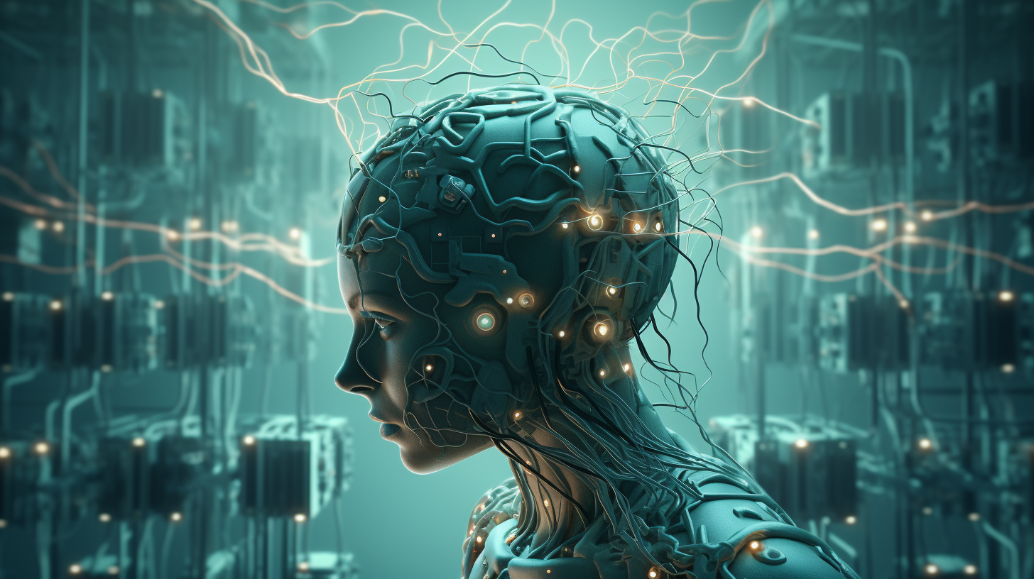 Humanoid Brain Circuit Chip Microprocessor on Teal Background