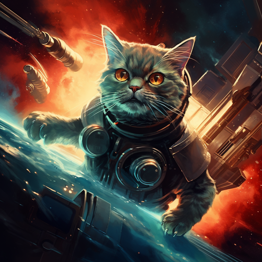 Humanoid cat piloting space ship in laser battle