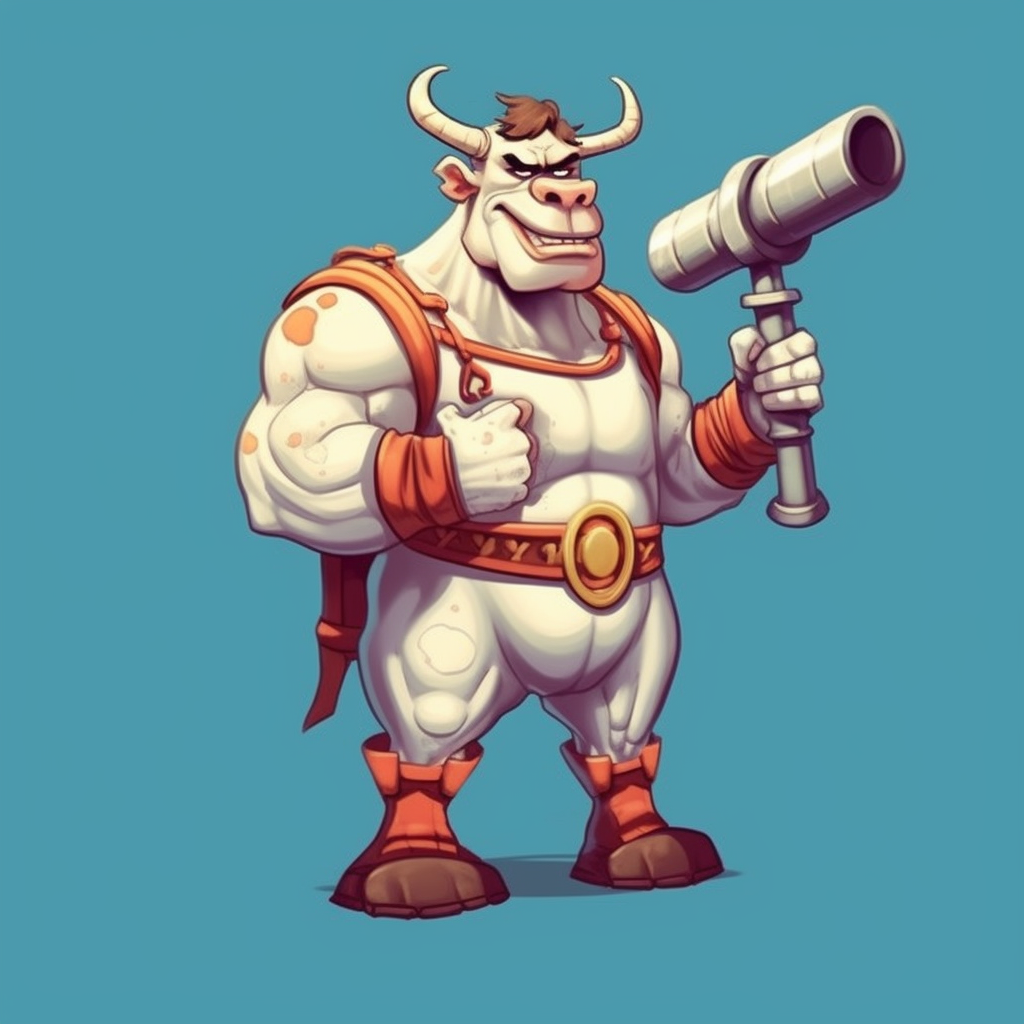 Muscular humanoid cow holding a bazooka