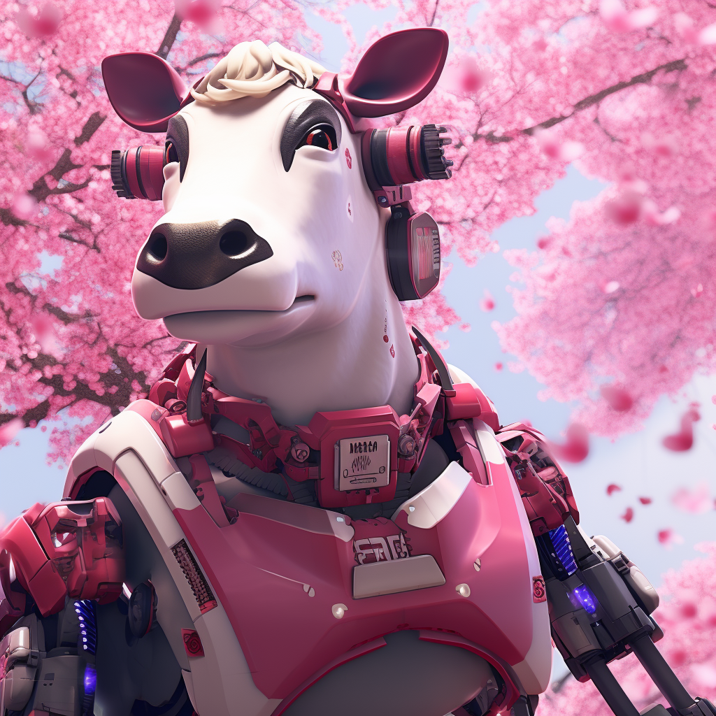 Cow with Pink Accents and Cherry Blossom Background