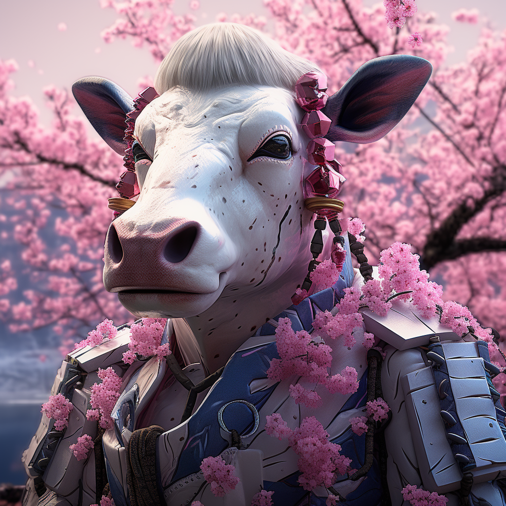 Pink-accented humanoid cow in cherry blossom background