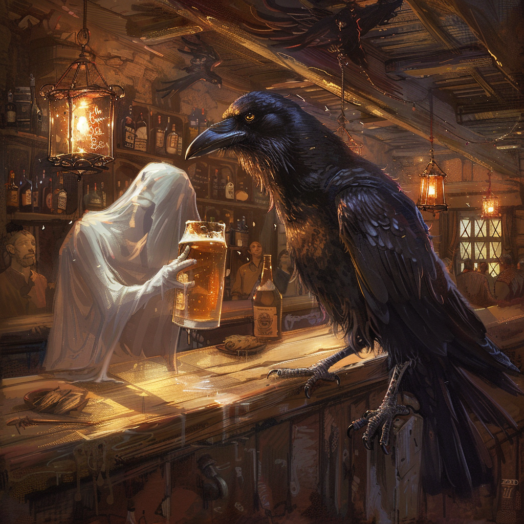 Crow bartender ghost serving beer cartoon