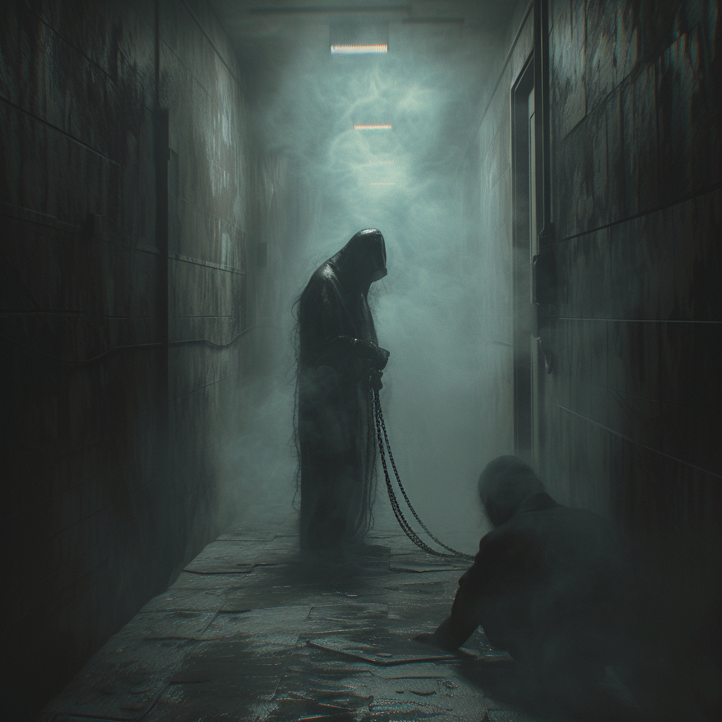 Dark cinematic image of humanoid demonic entity with person on leash