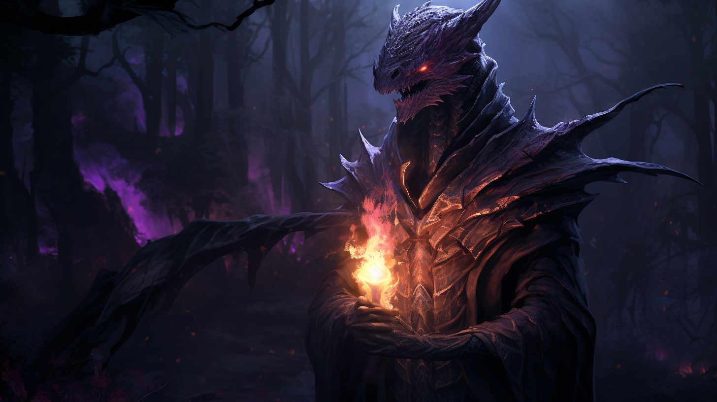 Humanoid dragon in dark forest with purple candle