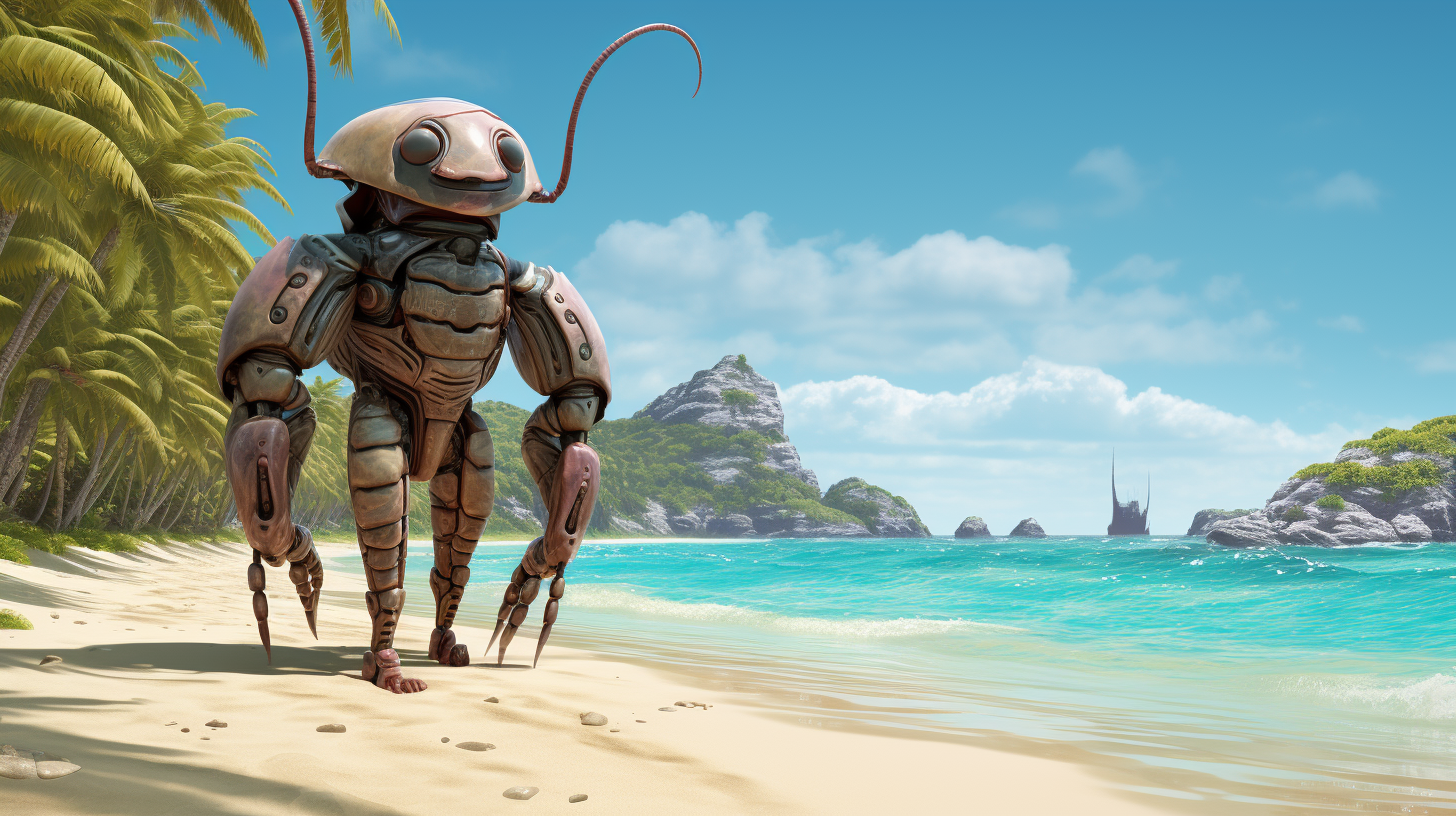 Humanoid earthworm knight on tropical beach