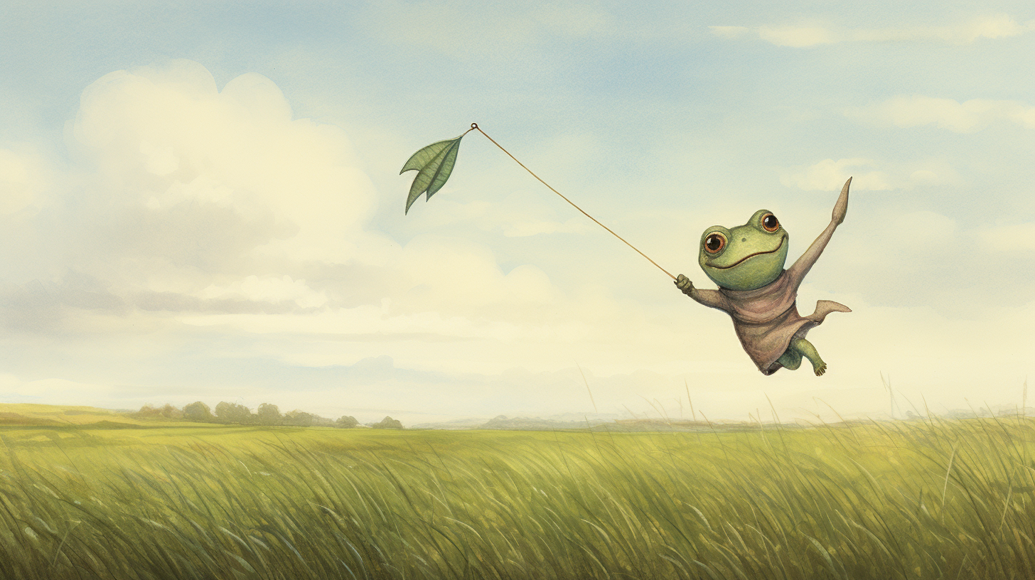 Illustration of a humanoid frog flying a kite