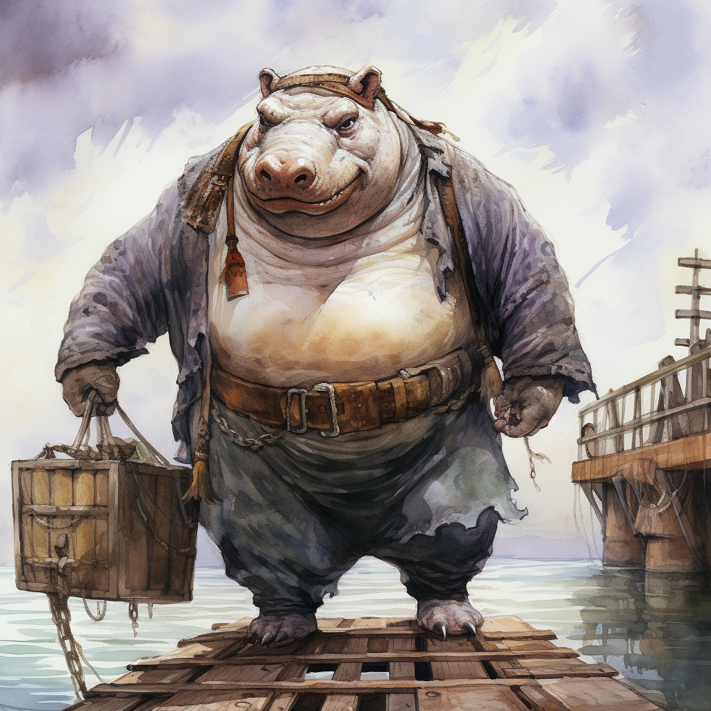 Humanoid Hippo in Pirate Clothing with Crate on Ship