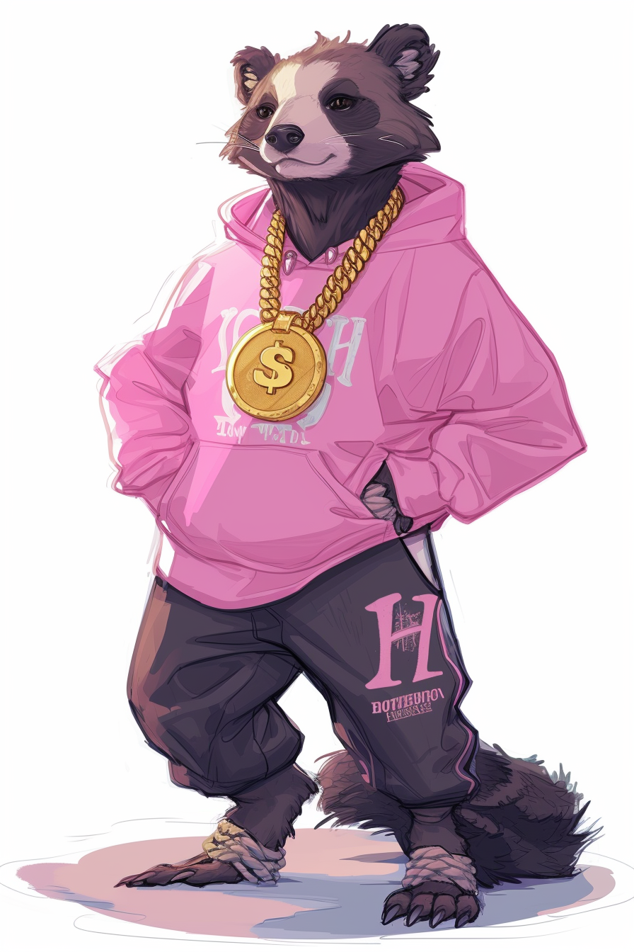 Cartoon honey badger in pink sweatshirt with gold chain