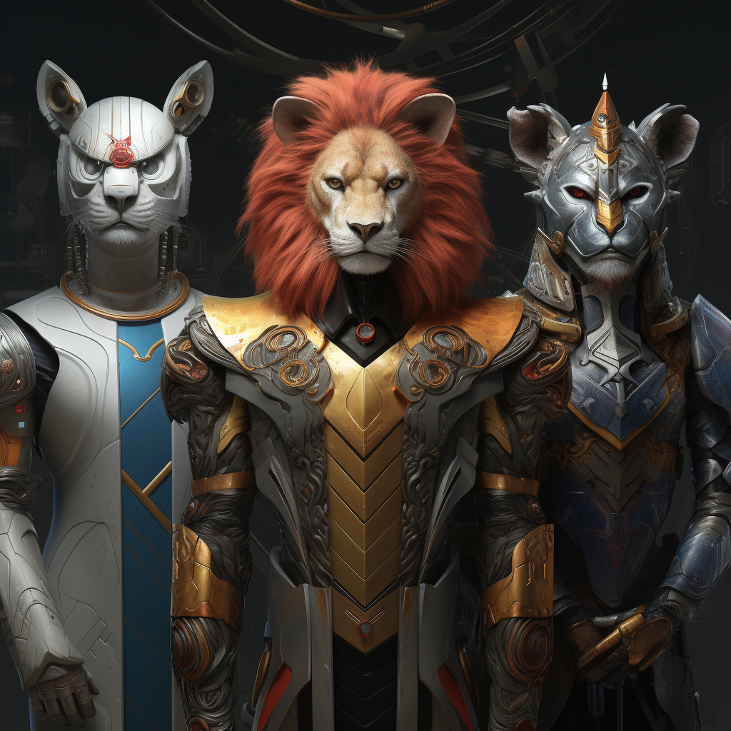 Futuristic humanoid priest with lion, eagle, and ox features