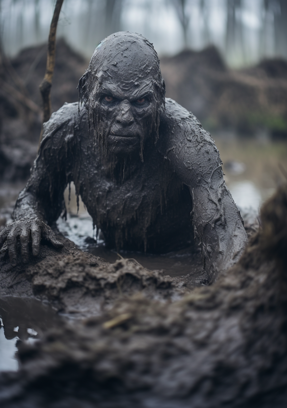 Scary gray-skinned humanoid in mud swamp