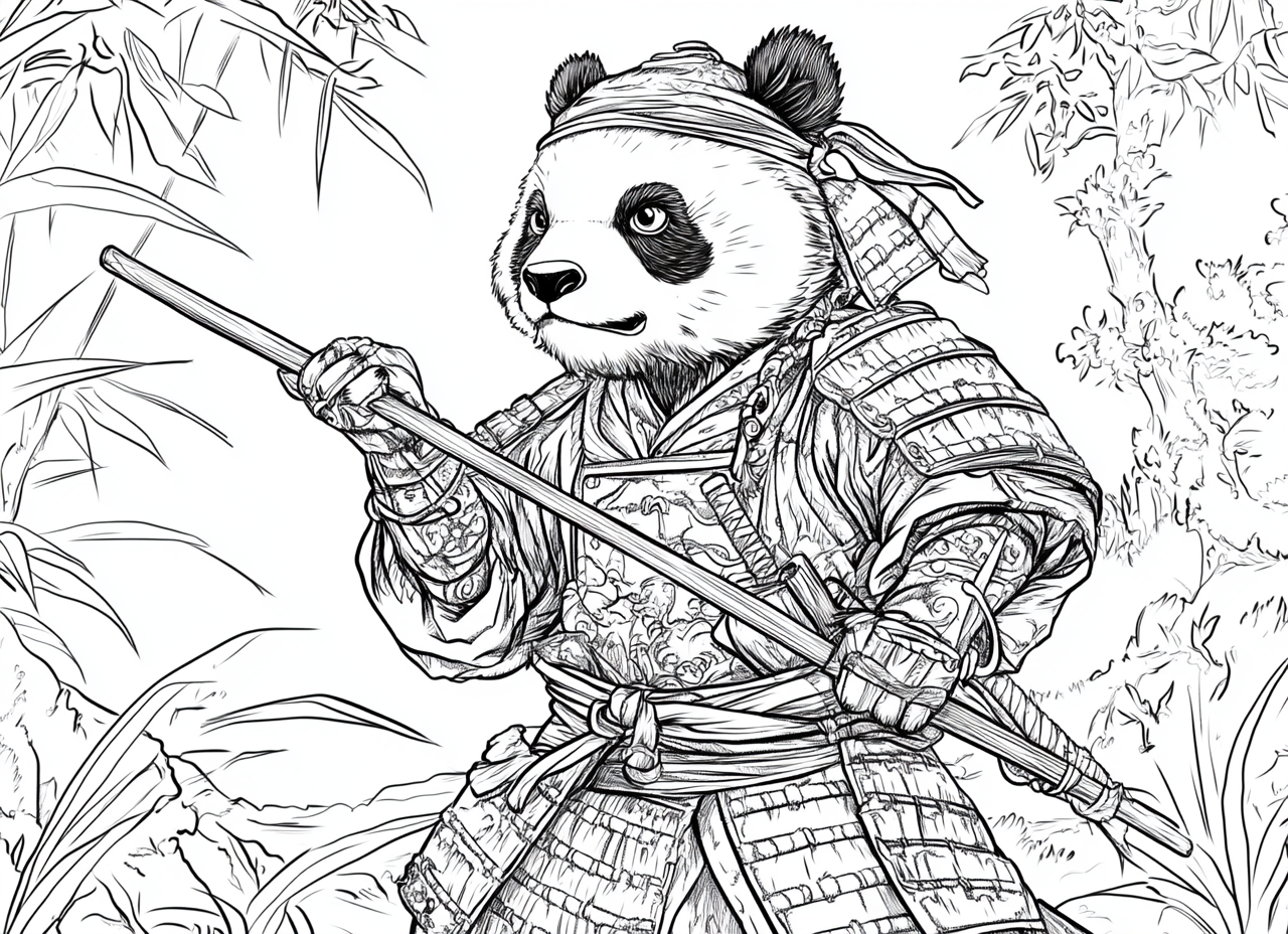 Panda Japanese Warrior Coloring Page