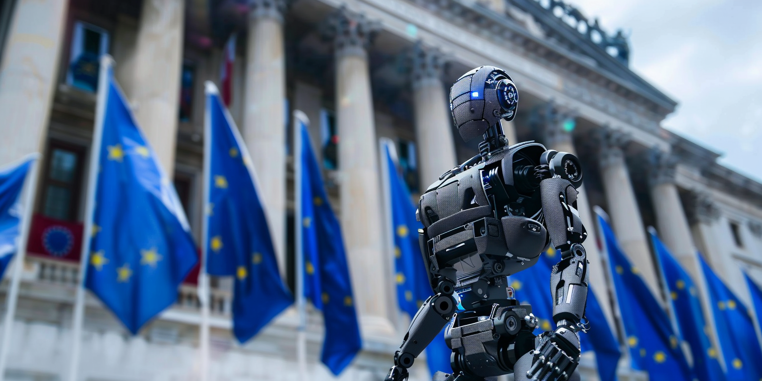 Humanoid robot with EU flags