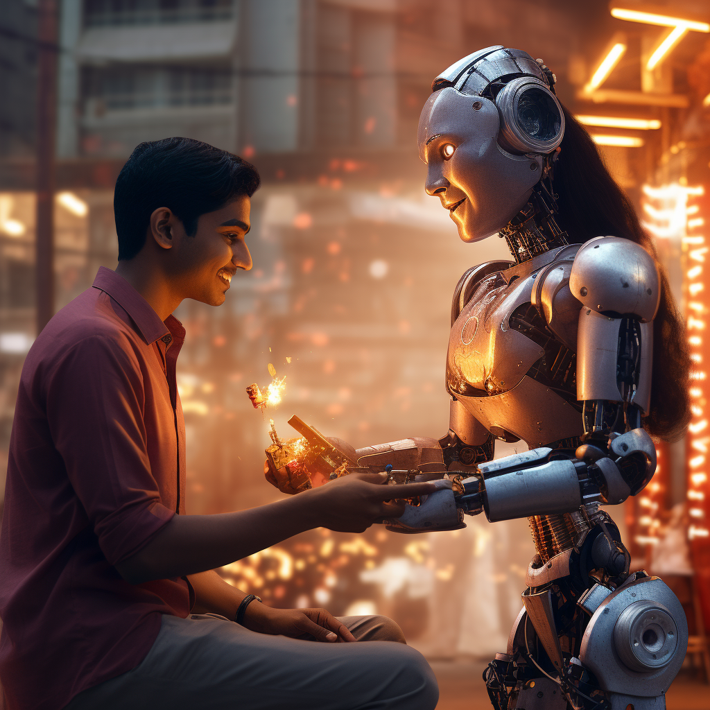 Humanoid robot assisting Indian engineering student during Diwali