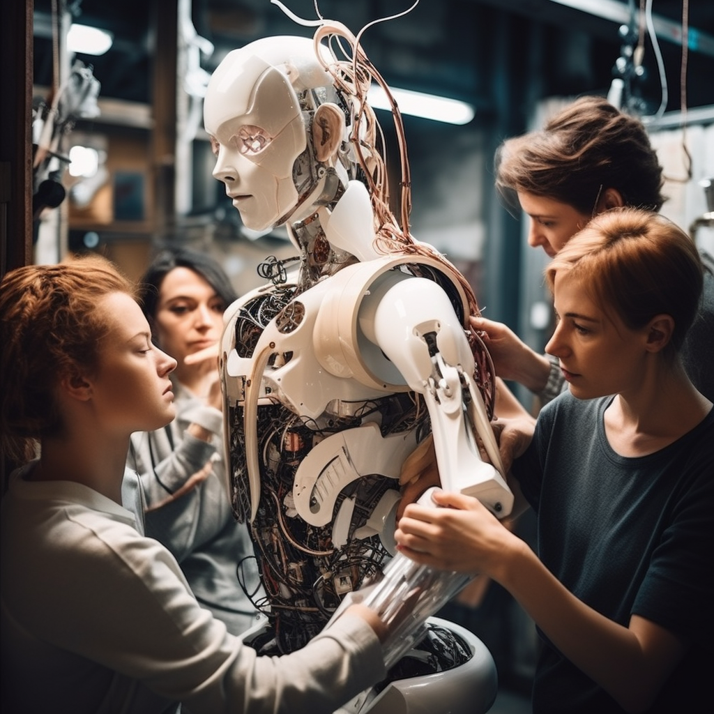 Scientists working on beautiful humanoid robot