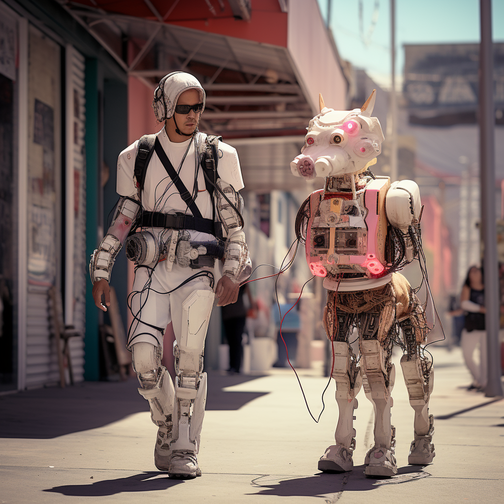 Walking humanoid robot with small dog in city