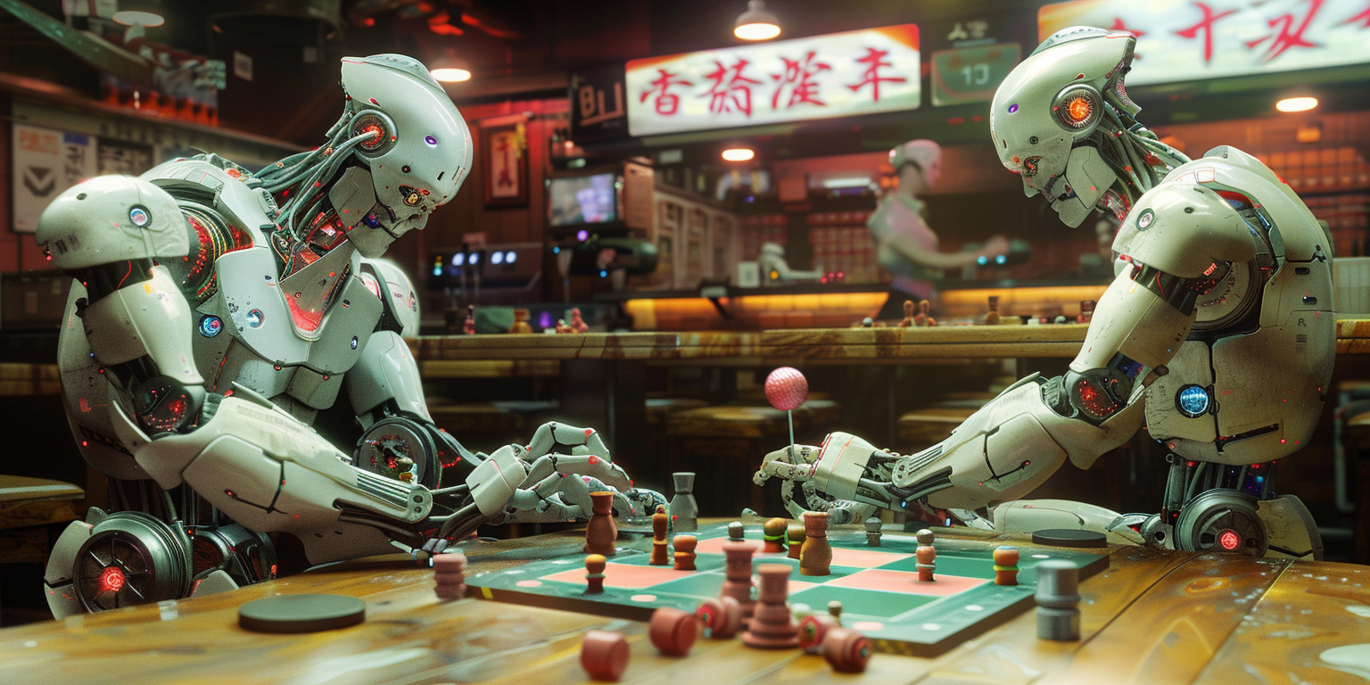 Robots playing board game in pub