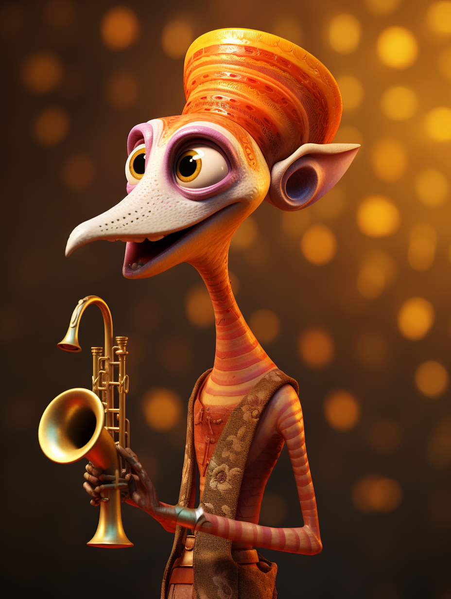 Happy Pixar character playing a trumpet