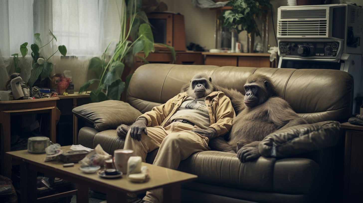 Humanoid ape on couch in Chinese apartment