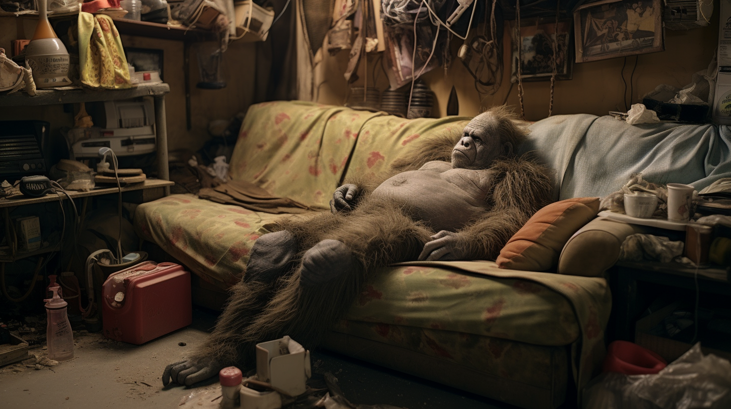 Humanoid ape relaxing on cluttered couch