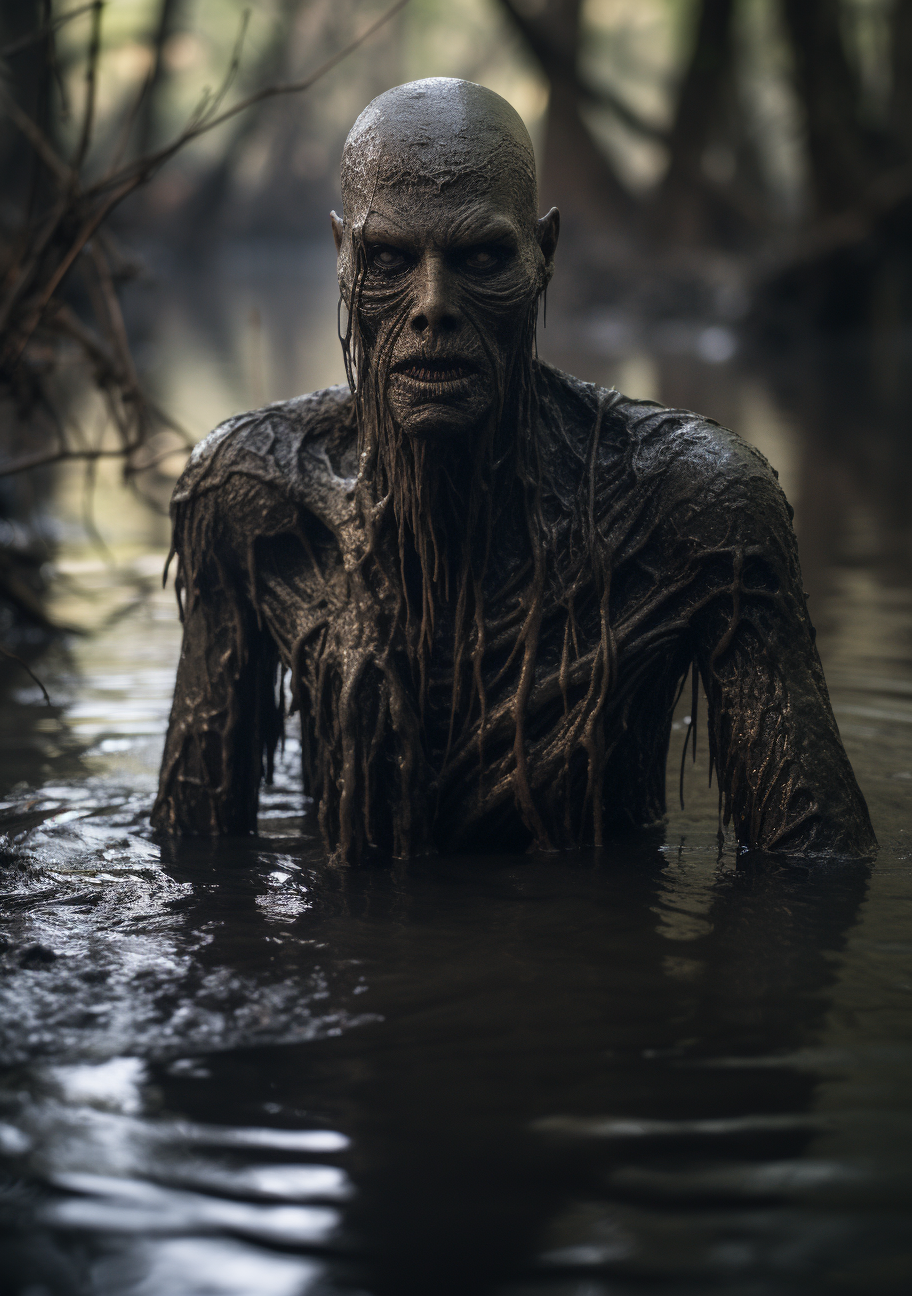 Scary humanoid in hostile gray swamp