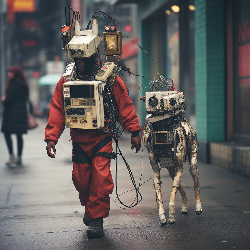 Humanoid robot walking small dog