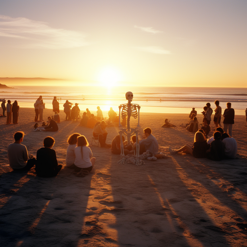 Humans Skeletons Sunset California Beach