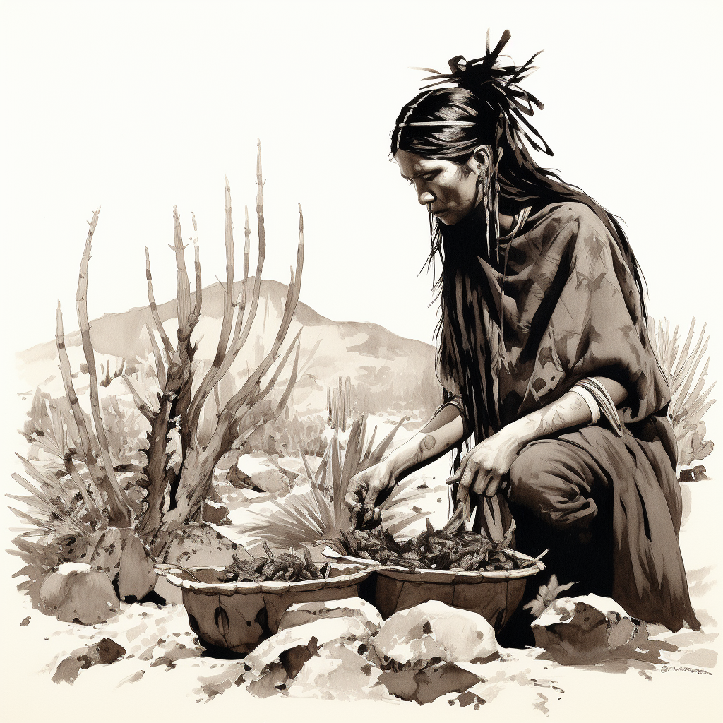 Native American woman collecting cactus tuna and nopal