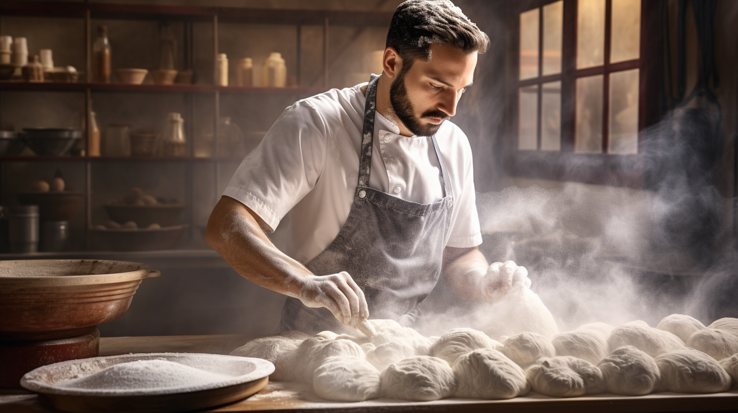 Baker adjusting dough in humid atmosphere