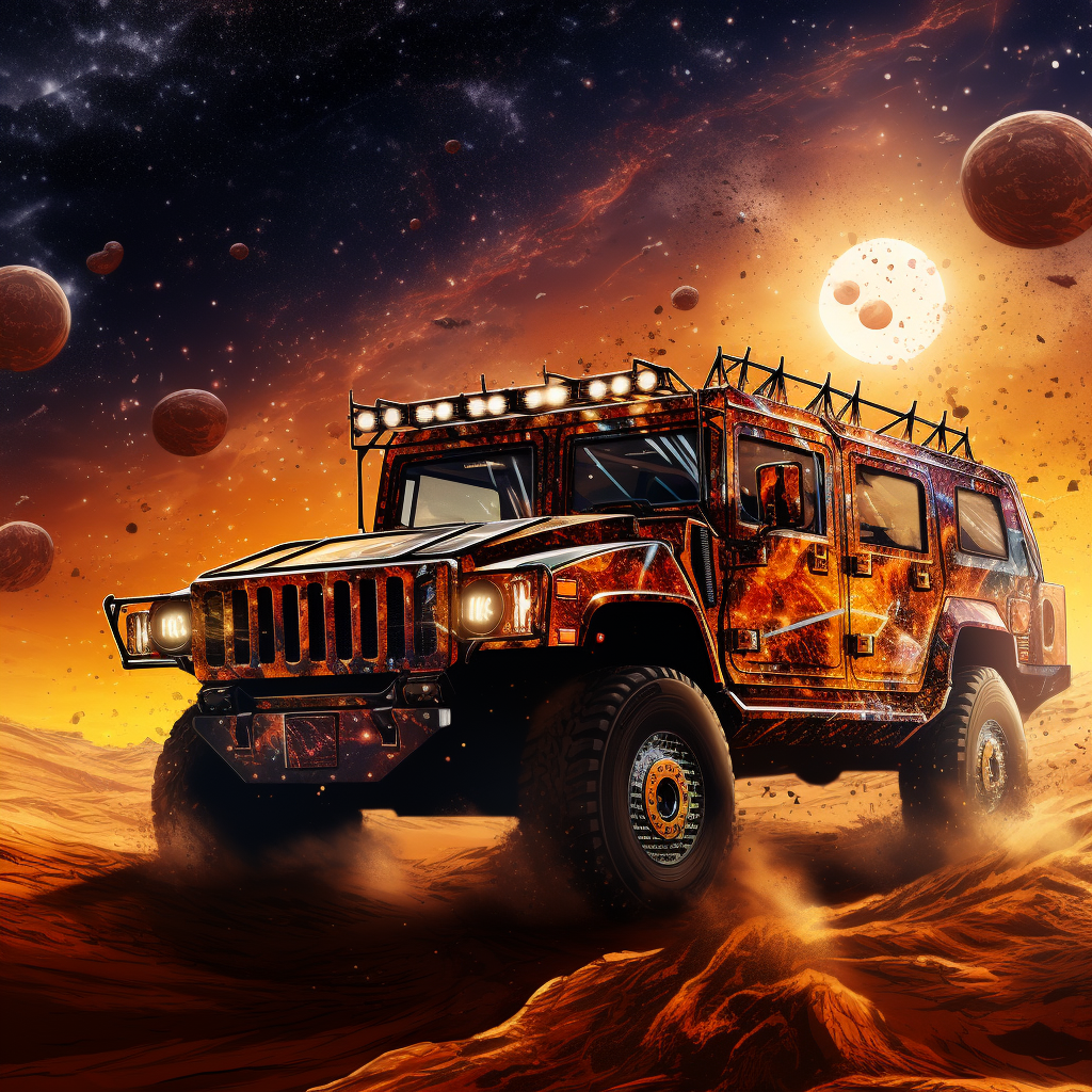 Hummer Truck on Sun with Space and Galaxies