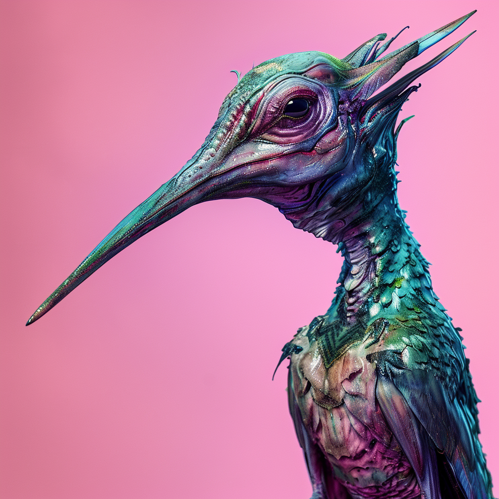 Photorealistic alien evolved from hummingbird on pink background