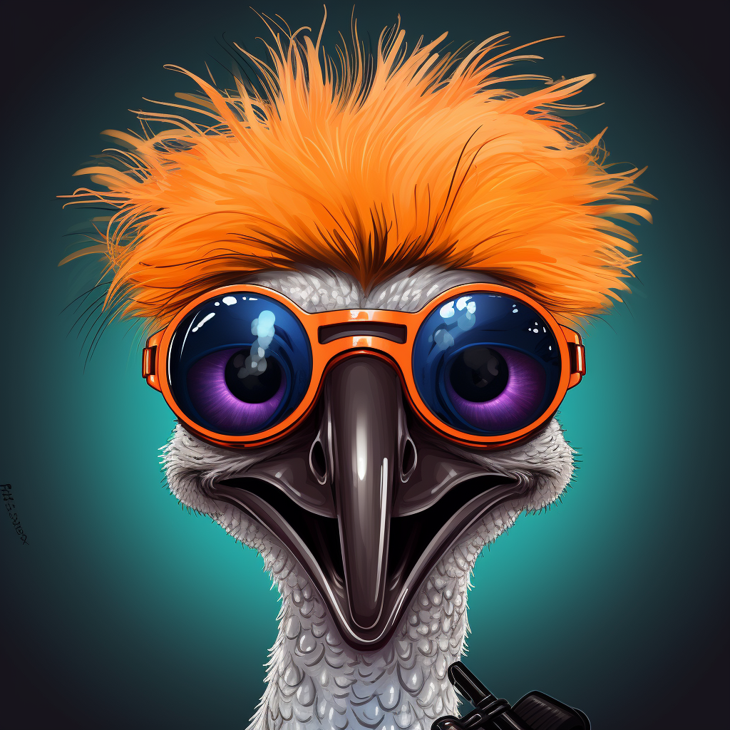 Anthropomorphic ostrich wearing sunglasses and holding microphones