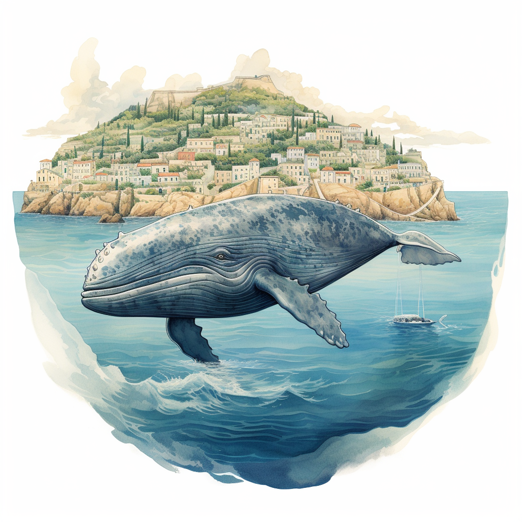 Illustration of humpback whale with island and Greek town