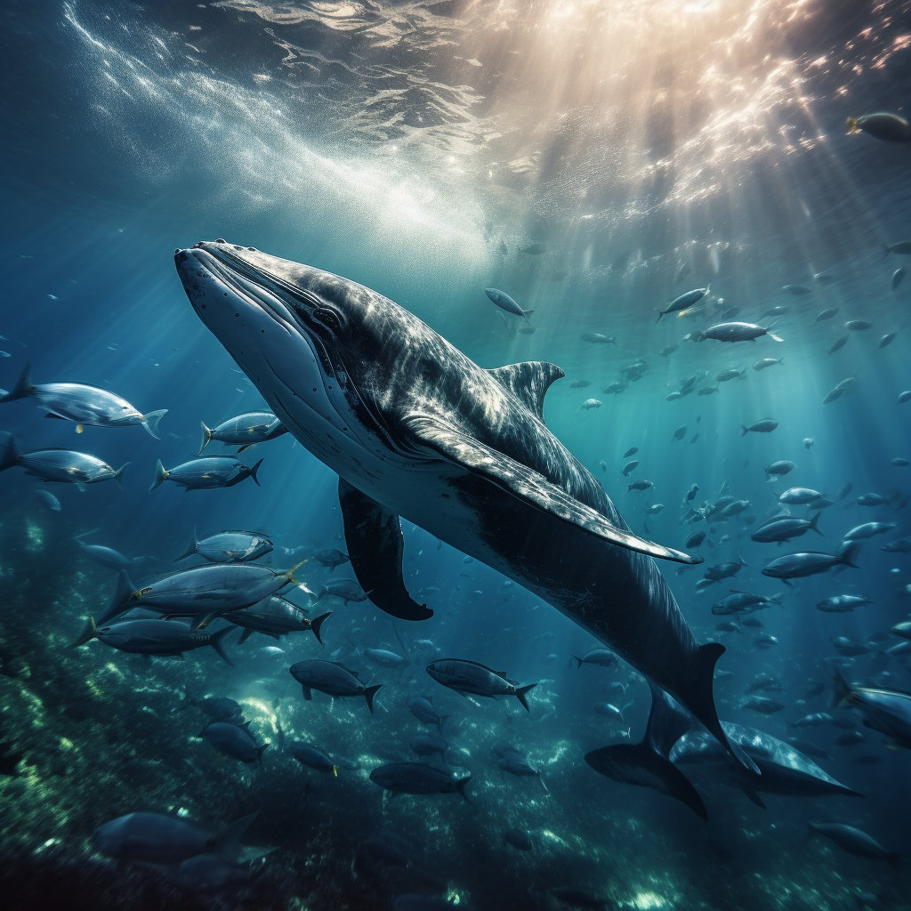 Humpback Whale with Dolphins in Clear Ocean