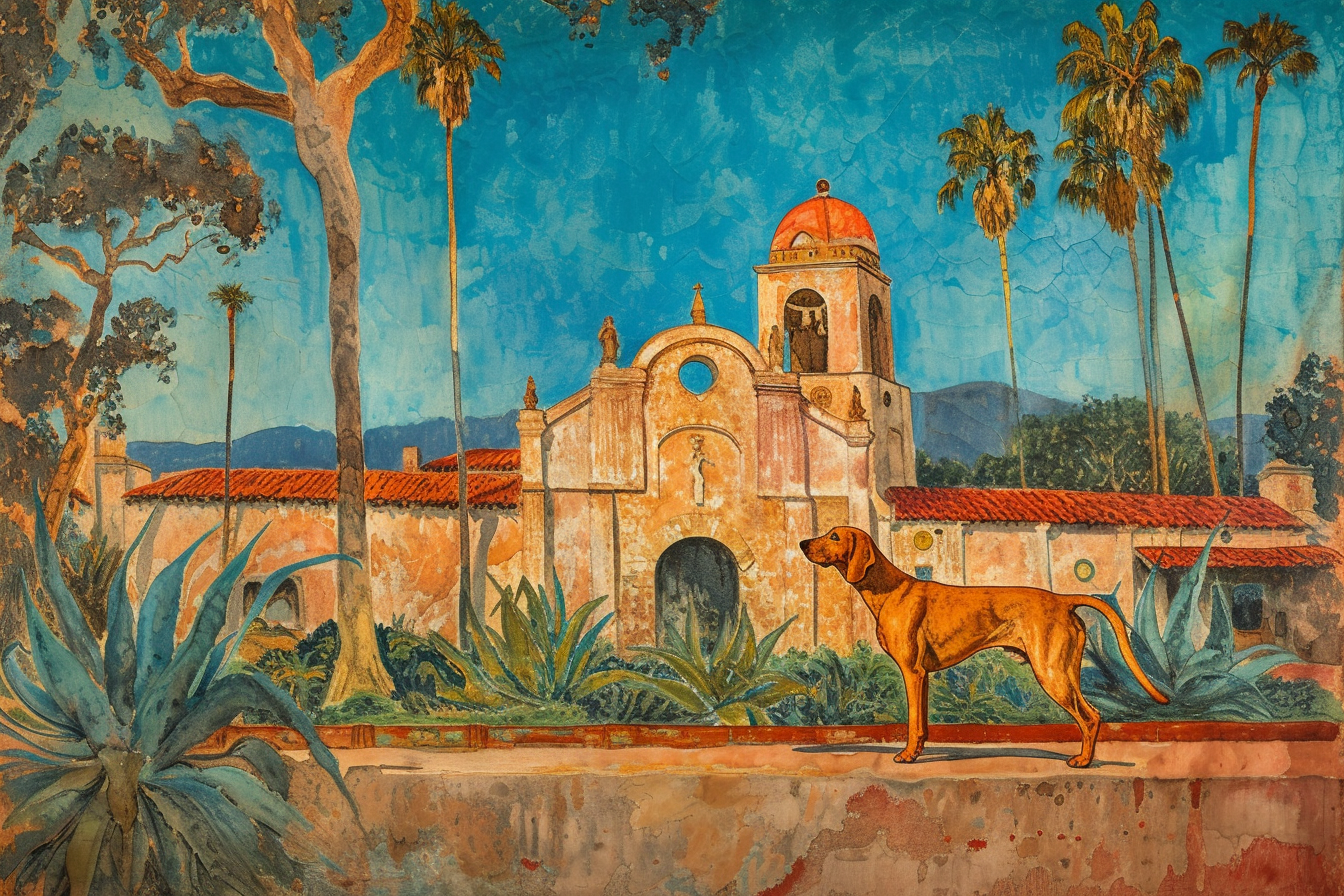 Hungarian Vizsla standing in front of Mission Santa Barbara