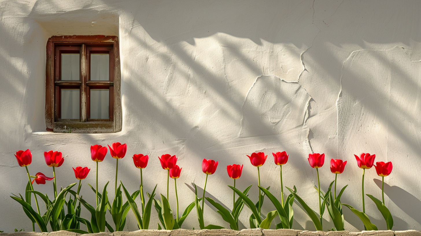 Tulips in front of white adobe