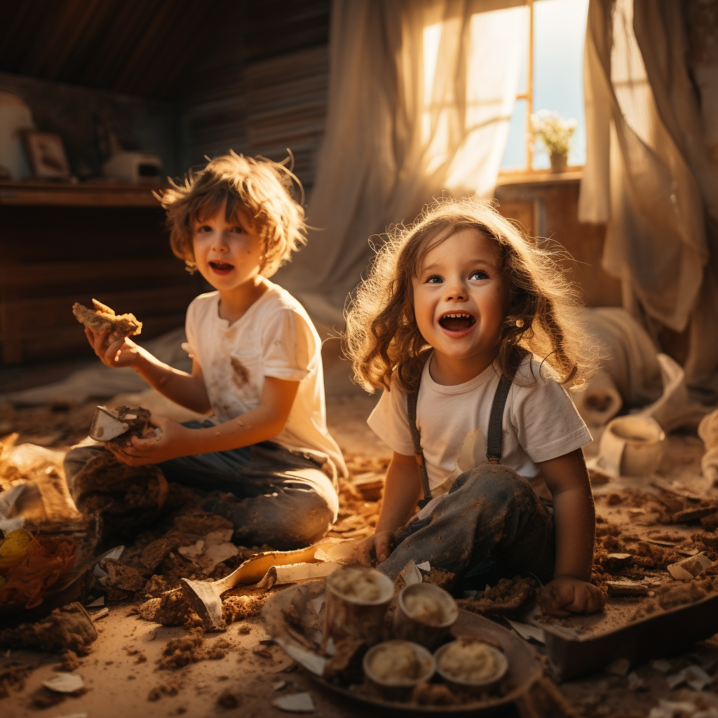 Children in destroyed house, feeling hungry