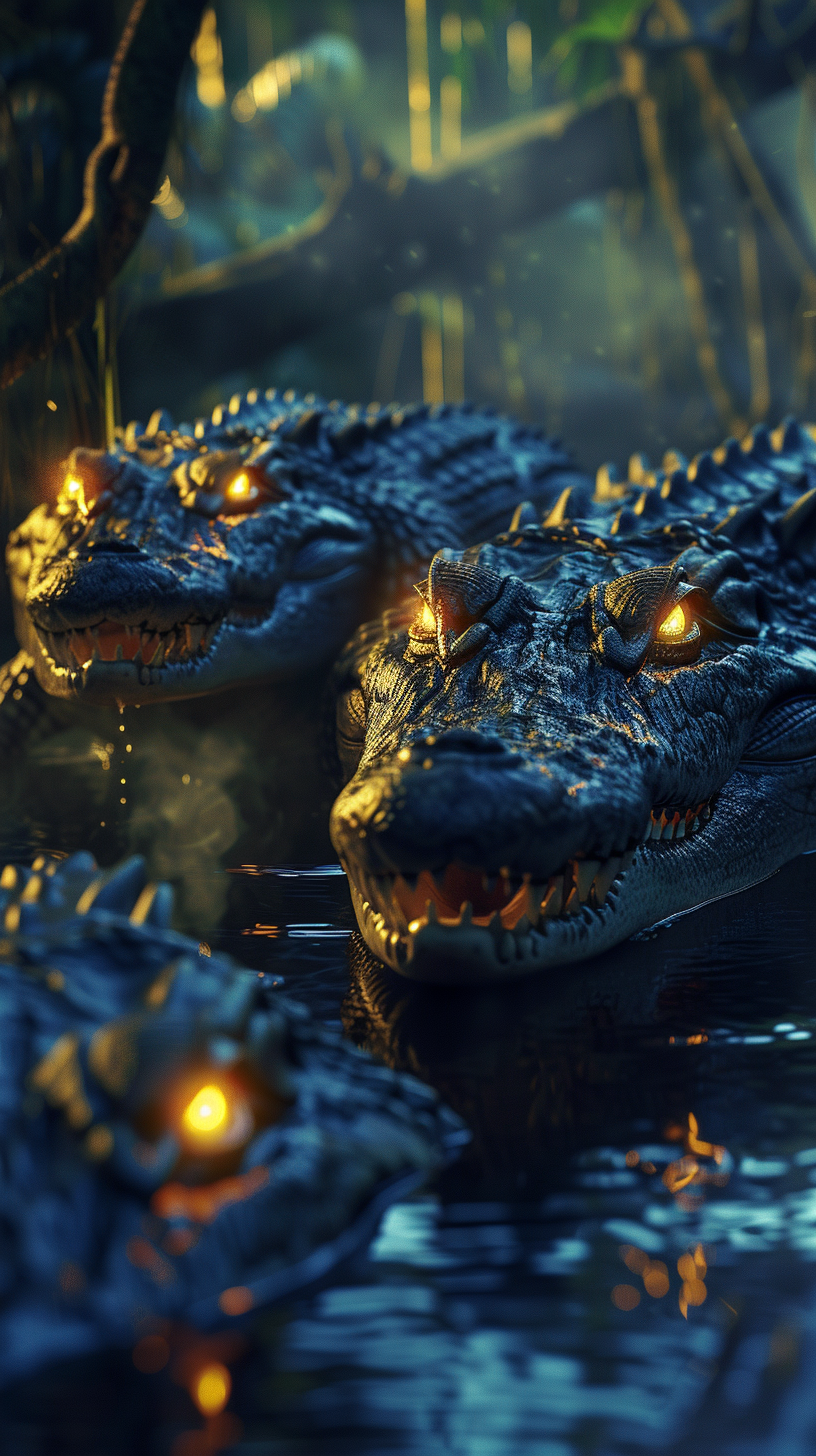 Angry glowing hungry crocodiles in night swamp