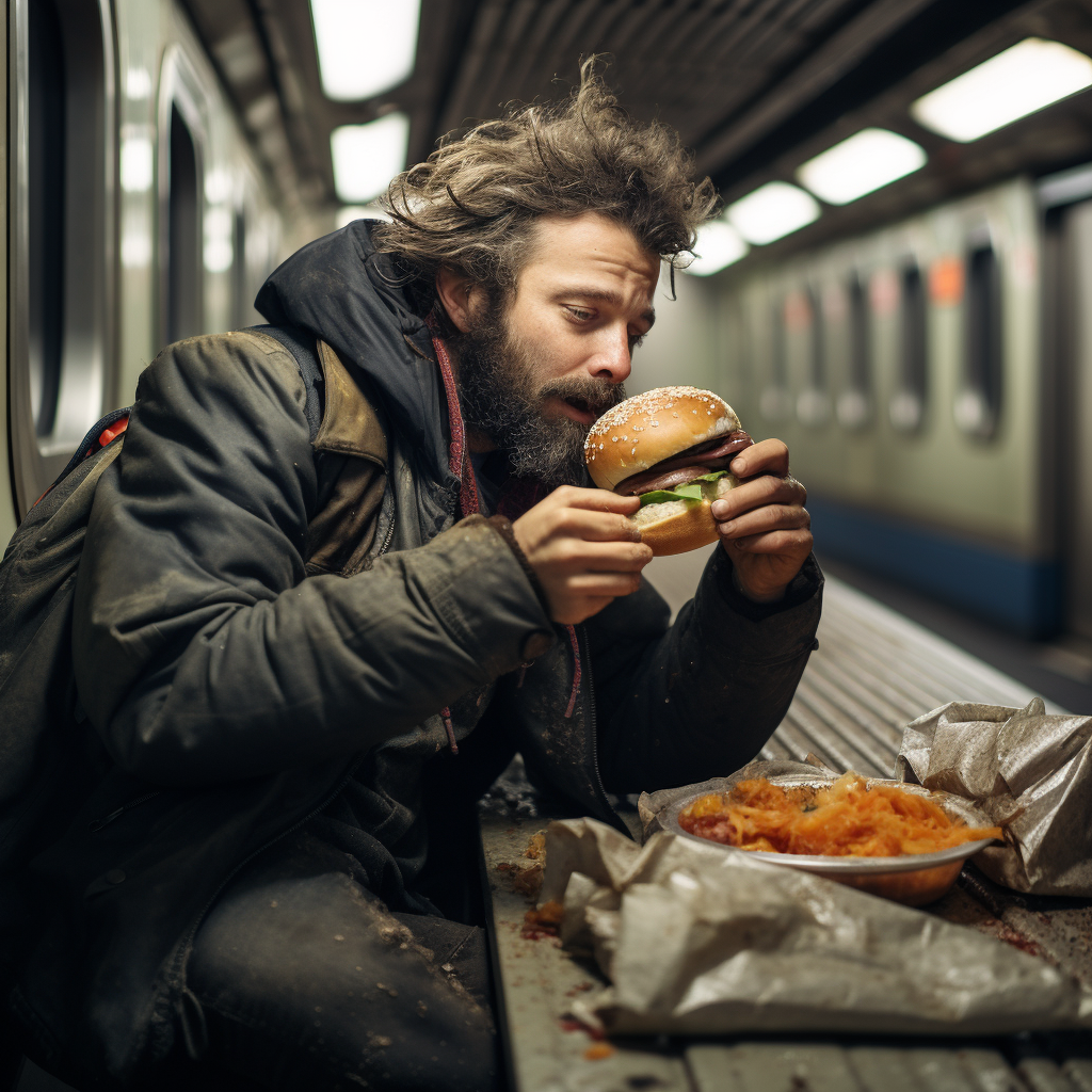 Man eating burger on subway tracks