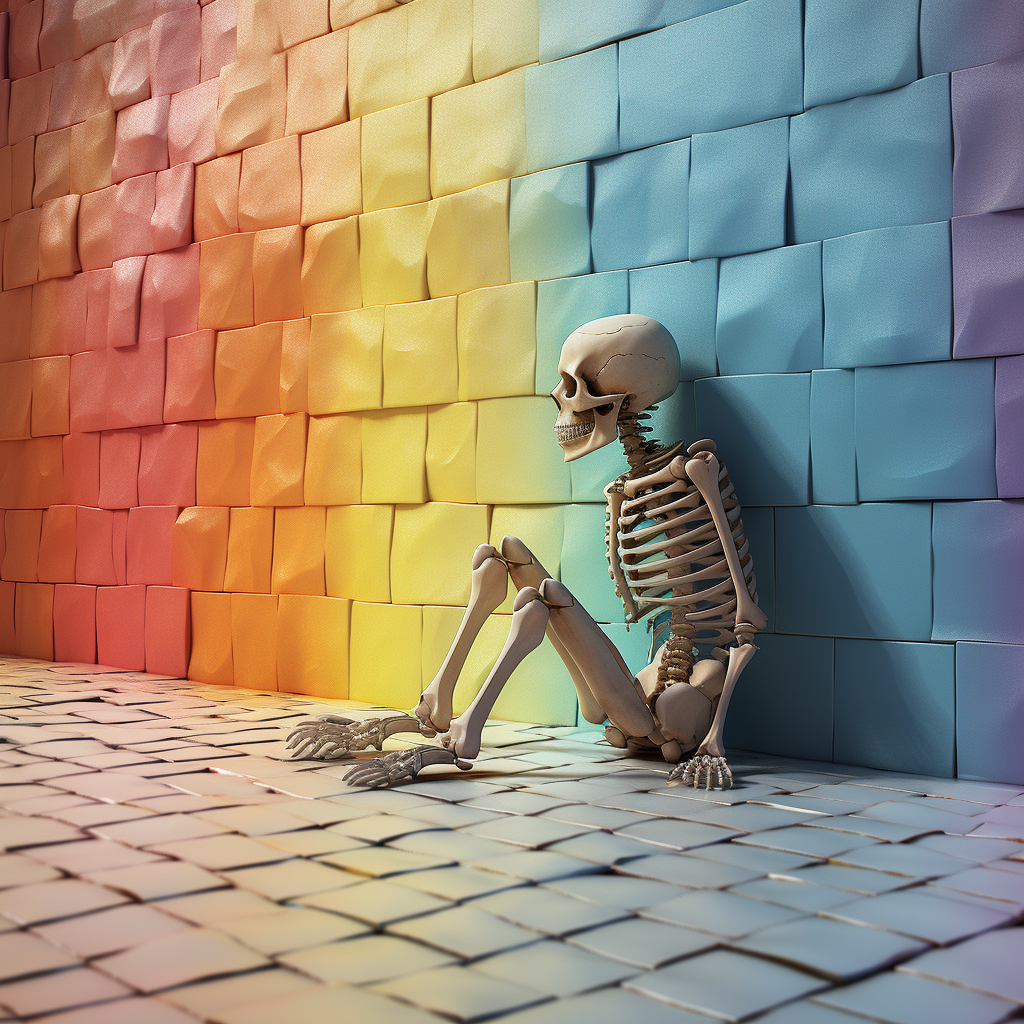 Hungry skeleton crawling out of colored tile wall