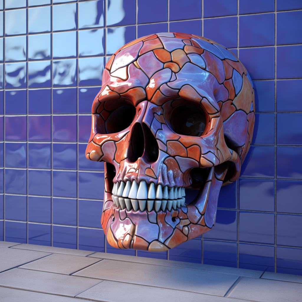 Colorful realistic hungry skull pushing out of tile wall