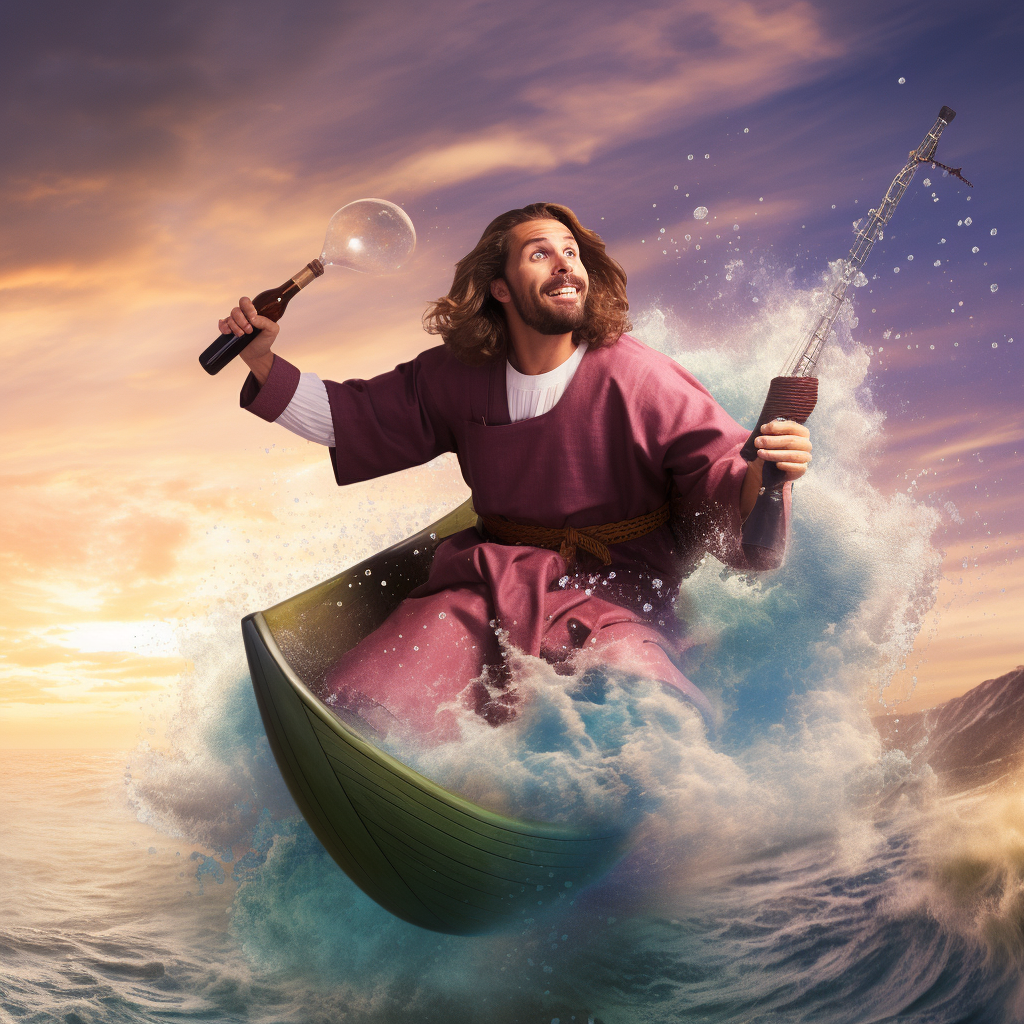 Hunk Jesus Surfing in Wine Wave