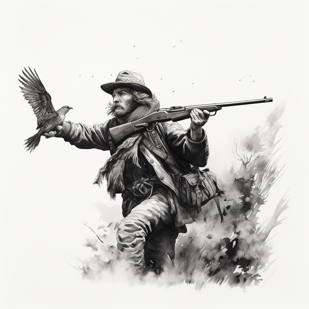 Hunter shooting bird realistic black white drawing