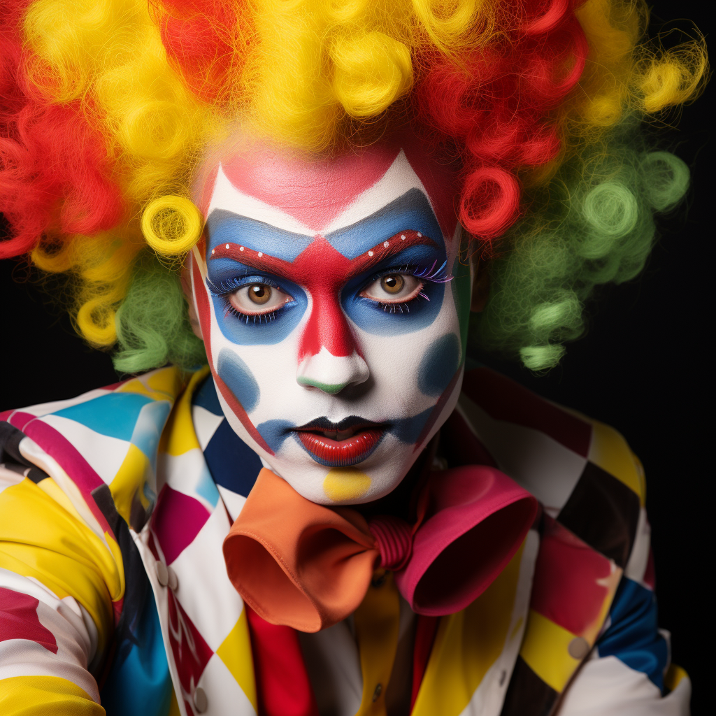 Flamboyant clown character with whimsical makeup and colorful jumpsuit