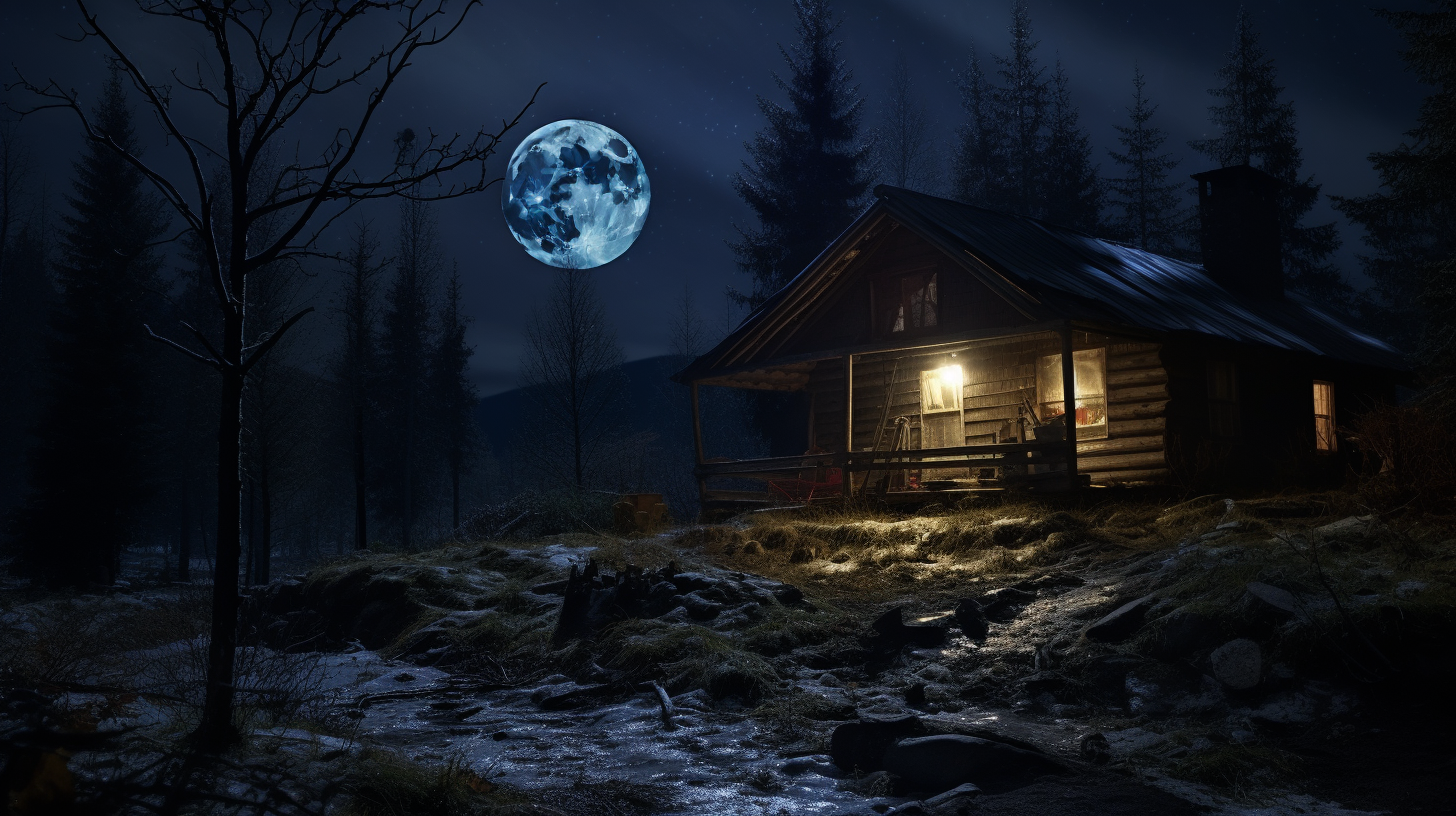 Hunting cabin under a full moon