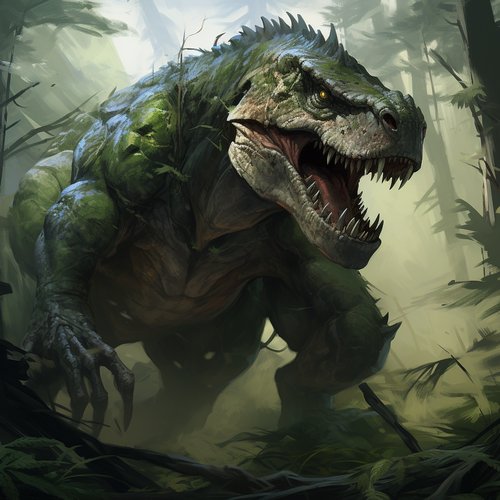 A portrait of a hunting T-rex in the forest