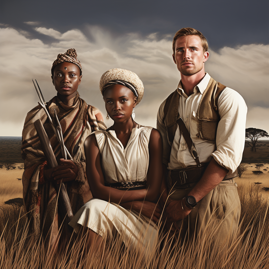 Photorealistic image of African huntress and friends in the savanna