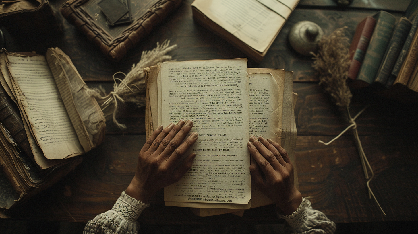 Hurston's hands holding manuscripts and artifacts